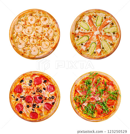 Four distinct pizza varieties displayed on a white background 123250529