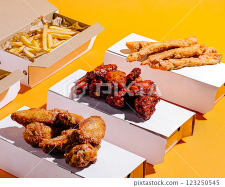 Tasty fried chicken and fries on a vibrant background Tasty fried chicken and fries on a vibrant background 123250545