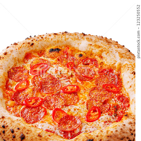 Freshly baked pepperoni pizza topped with chili slices Freshly baked pepperoni pizza topped with chili slices 123250552