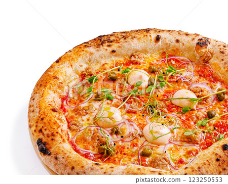 Delicious handmade pizza topped with meatballs and olives Delicious handmade pizza topped with meatballs and olives 123250553