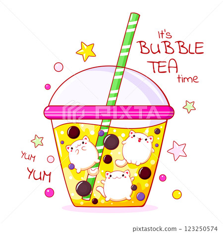 Lovely little kitty in bubble tea cup. Baby card  in kawaii style with cute little pets in Boba Tea cup. Childish print with funny cat for t-shirt  print, stickers, greeting card design. Vector EPS8 123250574