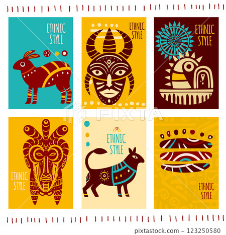 Set of eye-catching card, banner, background, flyer, placard with ethnic ornaments. Collection of cards, gift tags, labels or posters templates with african tribal motifs 123250580