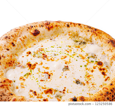 Delicious creamy white pizza topped with herbs and baked to perfection Delicious creamy white pizza topped with herbs and baked to perfection 123250586