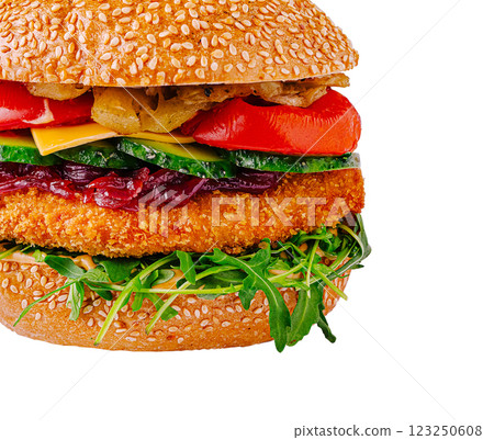 Delicious hamburger with fresh vegetables and crispy patty 123250608