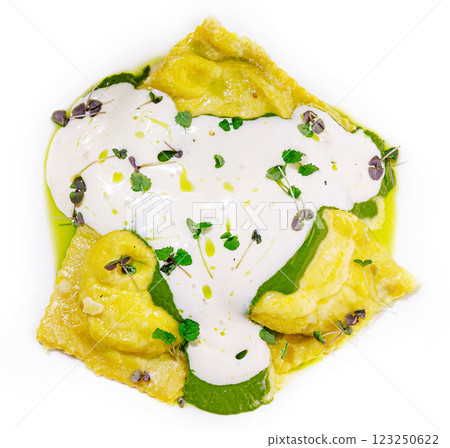 Delicious homemade ravioli topped with creamy sauce and herbs Delicious homemade ravioli topped with creamy sauce and herbs 123250622