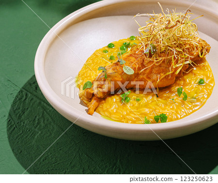 Tasty chicken with saffron risotto on a green backdrop Tasty chicken with saffron risotto on a green backdrop 123250623