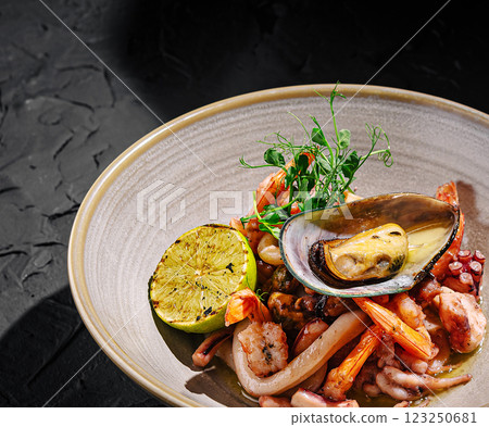 Fresh seafood dish with lime and herbs presented on a plate 123250681