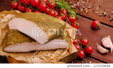 Savory cured pork belly with herbs and fresh tomatoes 123250688