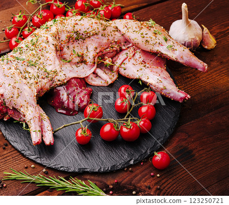 Freshly prepared rabbit with herbs and cherry tomatoes on wood 123250721