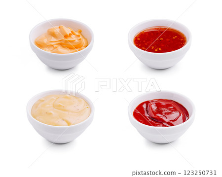 Different sauces served in small bowls ready for tasting Different sauces served in small bowls ready for tasting 123250731