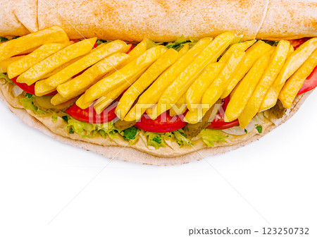 Delicious sandwich with fries, tomatoes, and pickles on a flatbread Delicious sandwich with fries, tomatoes, and pickles on a flatbread 123250732