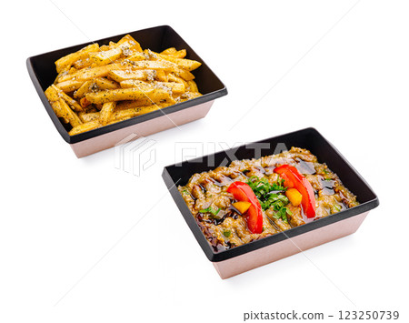 Delicious meal with seasoned fries and savory dish served hot 123250739
