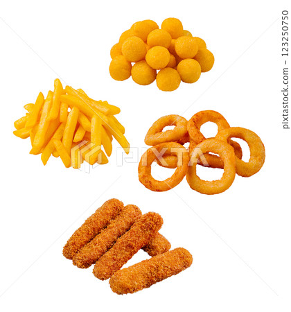 Assorted golden fried snacks on white background 123250750
