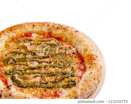 Delicious pizza topped with vibrant pesto and nuts served on a plate Delicious pizza topped with vibrant pesto and nuts served on a plate 123250755
