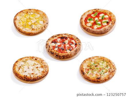 Variety of gourmet pizzas displayed on a white background 123250757