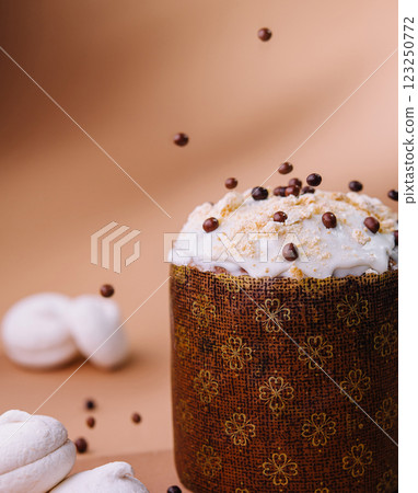 Gourmet cappuccino with whipped cream and sprinkled coffee beans 123250772