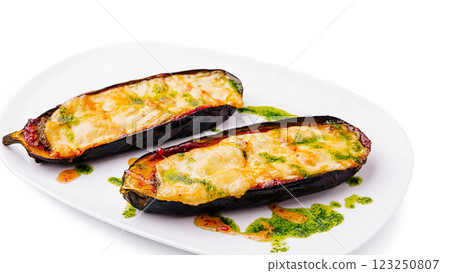 Delicious baked eggplant dish with cheese and herbs 123250807