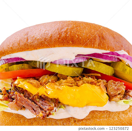 Juicy burger with fresh toppings served deliciously 123250872