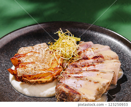 Grilled pork dish with creamy sauce and crispy garnish served outdoors 123250933
