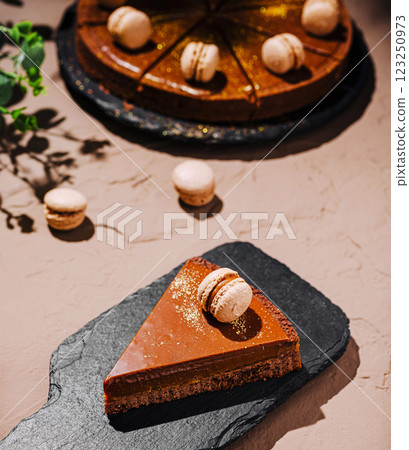 Chocolate dessert slice with macarons on black slate plate Chocolate dessert slice with macarons on black slate plate 123250973