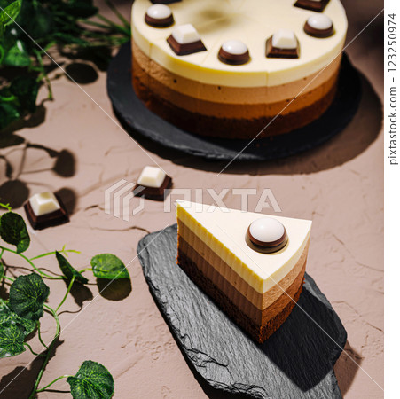 Delicious chocolate dessert arrangements on slate plates Delicious chocolate dessert arrangements on slate plates 123250974