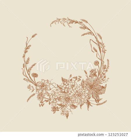 Autumn wreath with flowers and cereals. Autumn wreath with flowers and cereals. 123251027