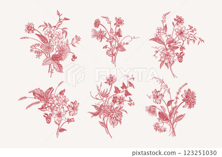 Set with floral compositions in engraving style 123251030