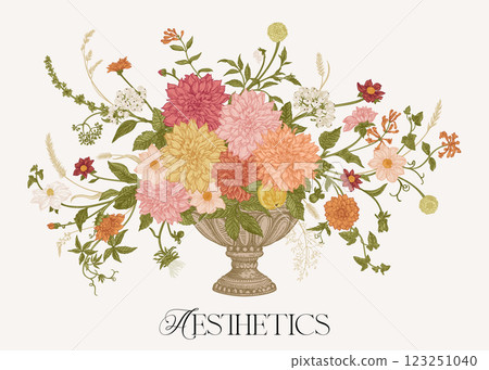 Arrangement of flowers, berries and herbs. 123251040