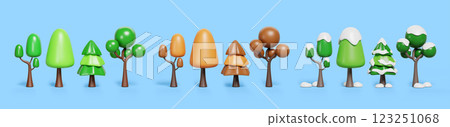 Four seasons 3d set of trees. Cartoon render icon of forest in summer, spring, autumn, winter. Green, orange and snow covered woods. Isolated nature objects, landscape design elements. 3D illustration 123251068