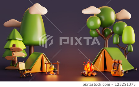 3d summer camp in forest with bonfire and tent at night time. Cartoon render landscape with trees, clouds in dark sky and campsite with backpack, chair, bowler on fire, wood road sign. 3D illustration 3d summer camp in forest with bonfire and tent at night time. Cartoon render landscape with trees, clouds in dark sky and campsite with backpack, chair, bowler on fire, wood road sign. 3D illustration 123251373