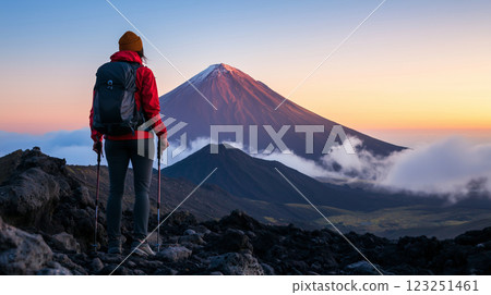 Travel, hiking, adventure, traveler hiker man stands on top of mountain enjoying scenic landscape 123251461