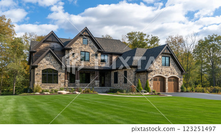 Luxurious stone estate house with green lawn 123251497