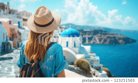 Summer vacation, traveler woman enjoying landscape view and blue sea of Greece 123251503