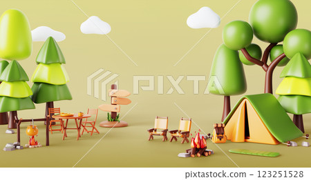 3d forest camp with bonfire, tent, sleeping bag, backpack, table, chairs. Render cartoon landscape with trees, stones, wood arrow sign. Summer camping, hiking and outdoor adventure. 3D illustration 123251528