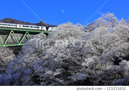 Chuo Line express train crossing the snowy Torisawa Bridge Chuo Line express train crossing the snowy Torisawa Bridge 123251632