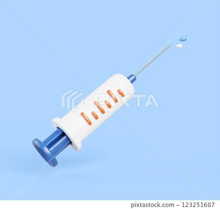 3d medical syringe with drug, vaccine or antibiotic drops. Doctor or nurse equipment with medication for injection isolated design element. Medicine and healthcare cartoon render icon. 3D illustration 123251687