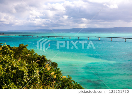 從沖繩縣國頭郡今歸仁村雲天的雲天守覽地眺望古宇利大橋和古宇利蔚藍的大海 123251720