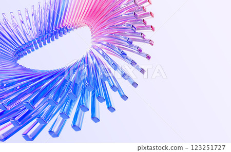 Abstract 3d background with glass circle of holographic gradient lines. Futuristic digital tech banner with circular speed effect. Render rainbow wallpaper with curve wave ring shape. 3D illustration 123251727