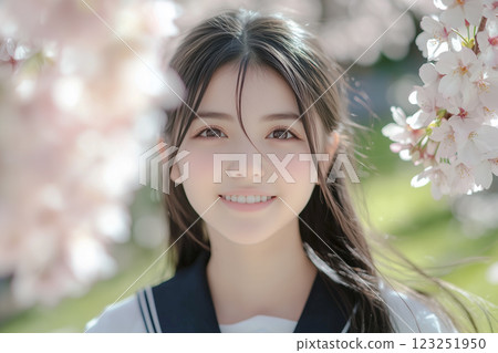 A cute smiling high school girl in a uniform with cherry blossoms in full bloom in the background A cute smiling high school girl in a uniform with cherry blossoms in full bloom in the background 123251950