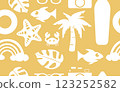 Summer pattern seamless fabric summer season. white beach elements on yellow background. Designed for background ,wallpaper ,summer pattern ,wrapping paper ,travel ,holiday ,weekend ,vacation ,beach 123252582