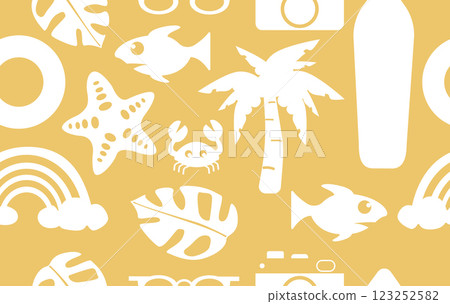 Summer pattern seamless fabric summer season. white beach elements on yellow background. Designed for background ,wallpaper ,summer pattern ,wrapping paper ,travel ,holiday ,weekend ,vacation ,beach Summer pattern seamless fabric summer season. white beach elements on yellow background. Designed for background ,wallpaper ,summer pattern ,wrapping paper ,travel ,holiday ,weekend ,vacation ,beach 123252582