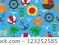 Summer pattern seamless fabric summer season. beach elements on blue sky background. Designed for background ,wallpaper ,summer pattern ,wrapping paper ,travel ,holiday ,weekend ,vacation ,beach 123252585