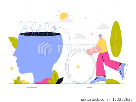 Mental Health Vector Illustration Featuring a Brain and Flowers, Symbolizing Enjoying Life, Solving Mental Problems, and Thinking Positively 123252623