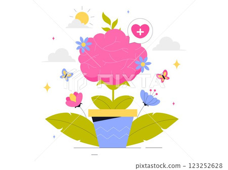 Mental Health Vector Illustration Featuring a Brain and Flowers, Symbolizing Enjoying Life, Solving Mental Problems, and Thinking Positively 123252628