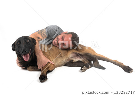 malinois and owner in studio 123252717