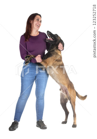 malinois and owner in studio 123252718