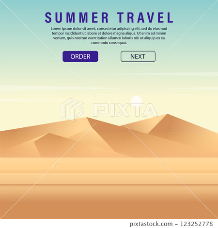 Summer camping banner design. Invitation card, backpacking and outdoor tourism. Desert tours 123252778