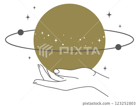 Boho doodle mystic hands. Hand drawn esoteric icon, simple heavenly logo element with saturn planet 123252803