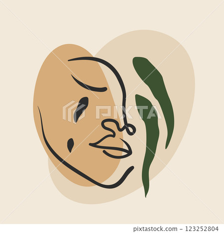 Vintage stylish illustration in boho style with simple face. Crying female face, self-care concept 123252804