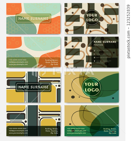 Business card design geometric elements collection. Bright colors double sided corporate card templates 123252839